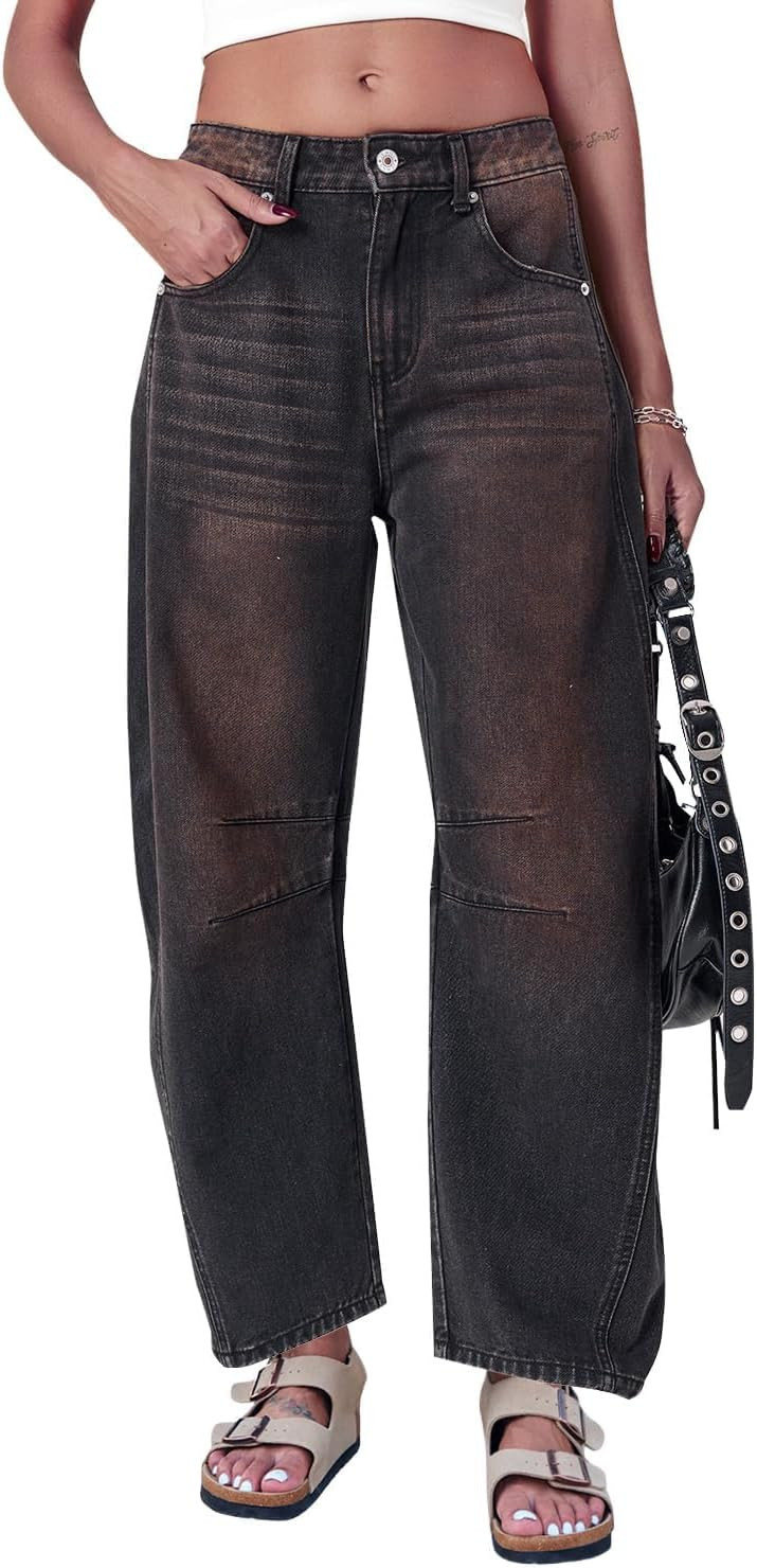 GREAIDEA Barrel Jeans for Women Mid Rise Stretchy Baggy Denim Ankle Pants | Amazon (US)