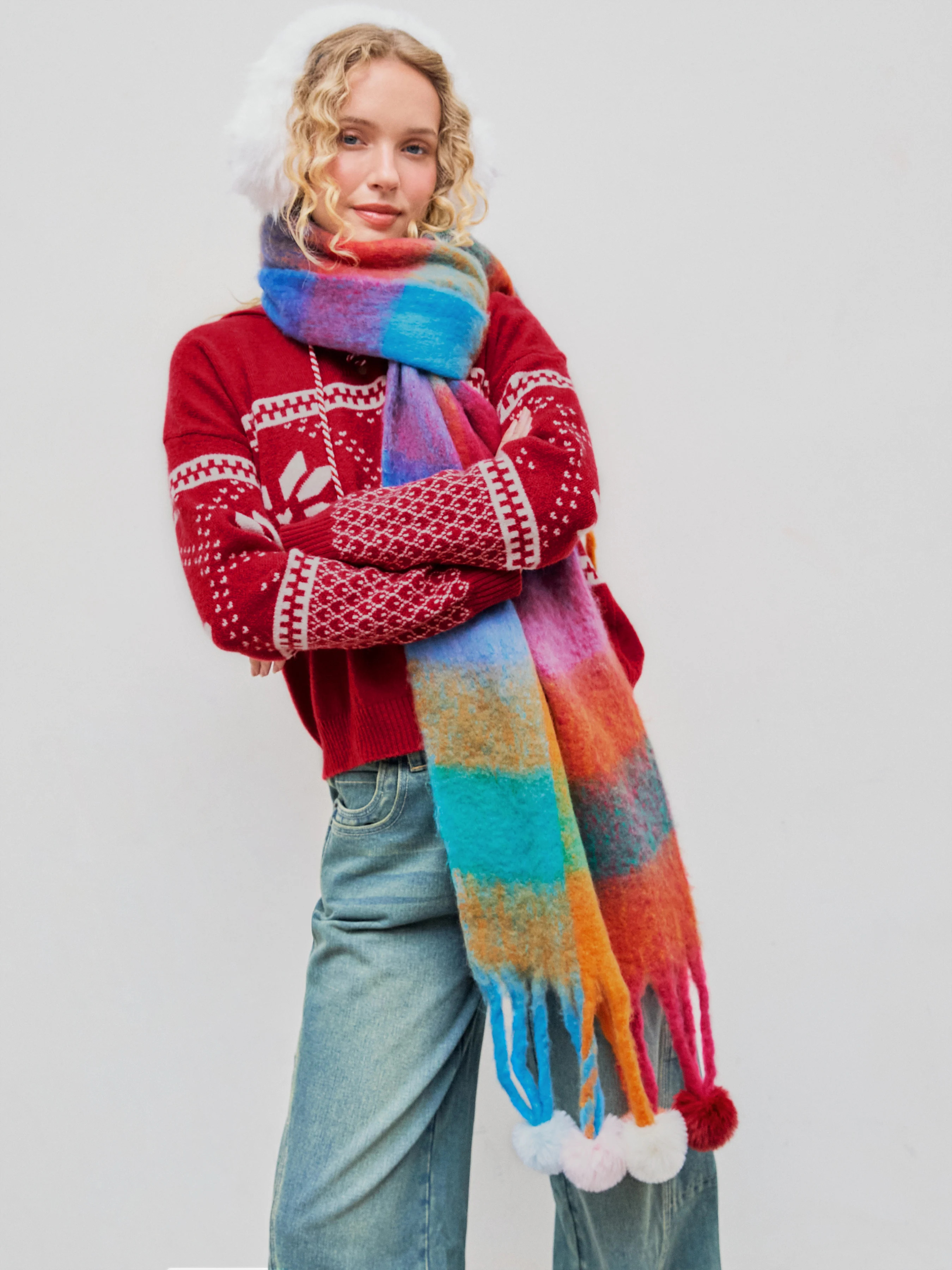 CHECK BALL TASSEL SCARF For School Daily Casual Coffee Shop | Cider