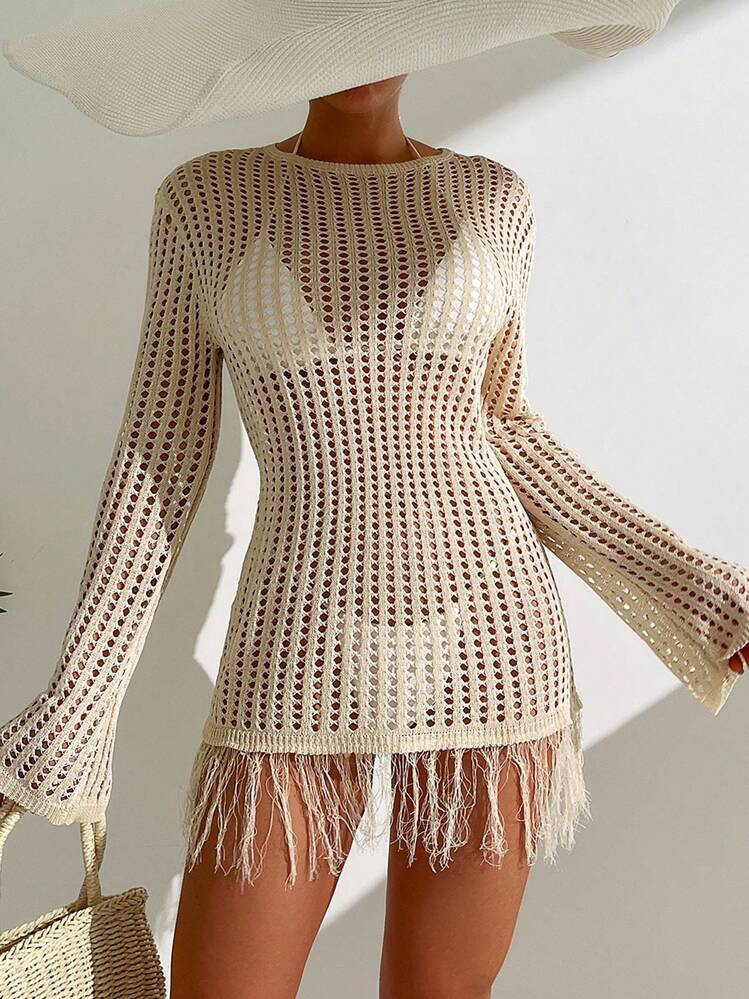 SHEIN Swim Holiday Beach Solid Color Hollow Knitted Fringe Hem See-Through Mini Cover-Up Dress,Summer Beach | SHEIN
