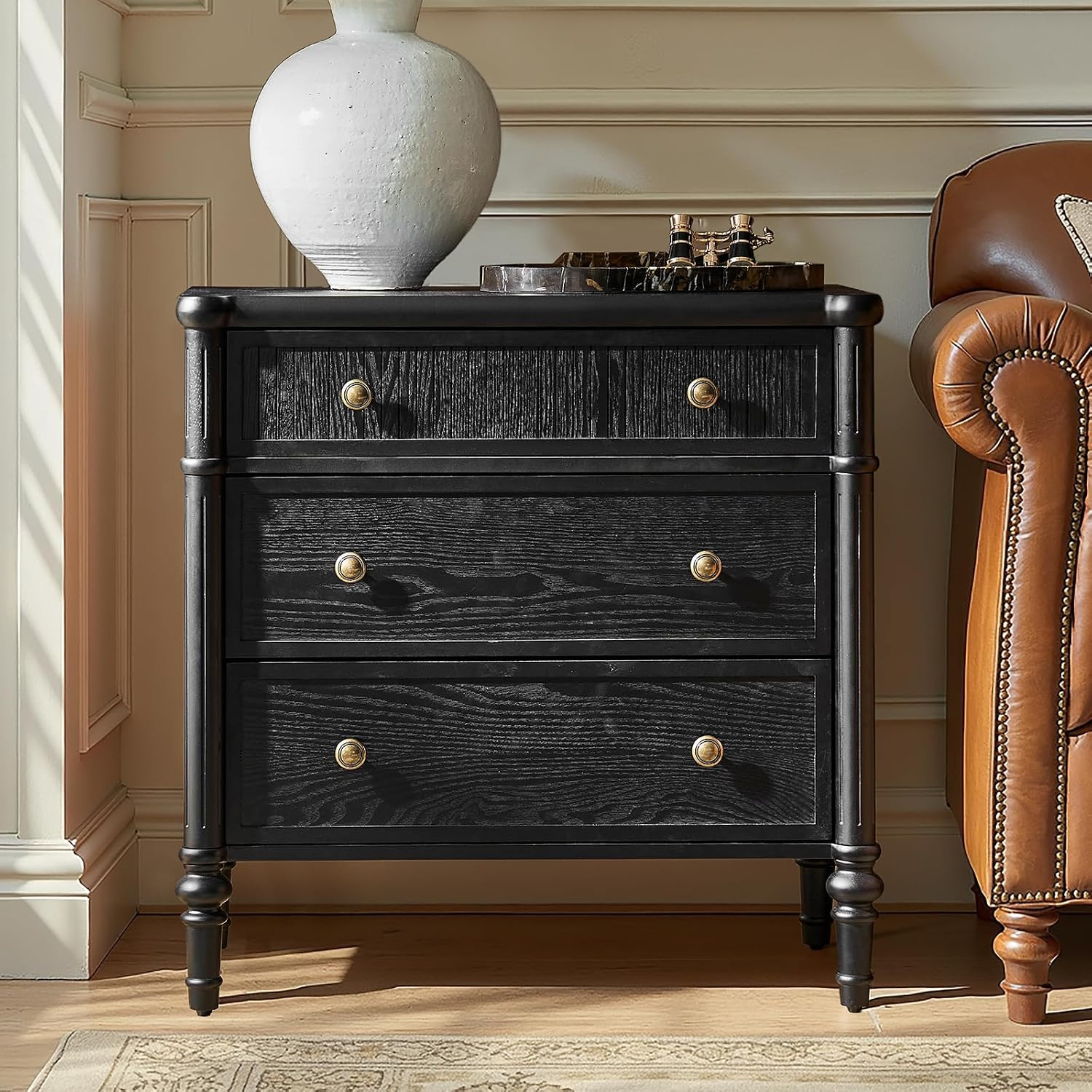 HULALA HOME Traditional End Table with Charging Station, Fluted End Tables with Wood Drawers and Solid Wood Spindle Legs, 28 Inch Wide Storage, Black | Amazon (US)