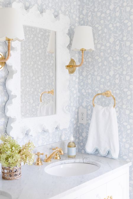 Blue and white bathroom, scallop, Serena and Lily, decor, wave mirror, coastal, lake, cottage, white vanity, unlacquered, brass, sconces, blue white floral wallpaper

#LTKxPrime #LTKhome #LTKstyletip