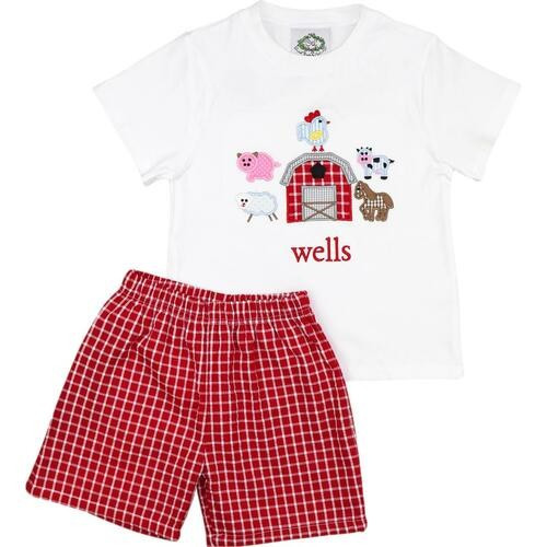 Red Windowpane Seersucker Farm Animals Short Set | Cecil and Lou