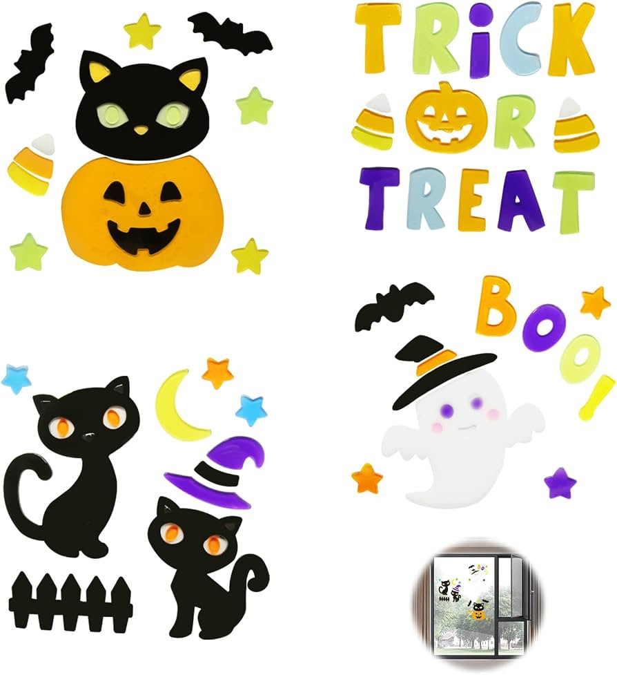 4Pcs Thick Gel Window Stickers for Kids - Easy to Install Halloween Window Decors Supplies with C... | Amazon (US)