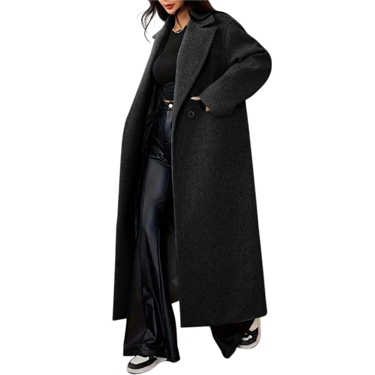 Women's Winter Oversized Wool Coat Notched Lapel Collar Loose Fit Maxi Long Overcoat Streetwear B... | Walmart (US)