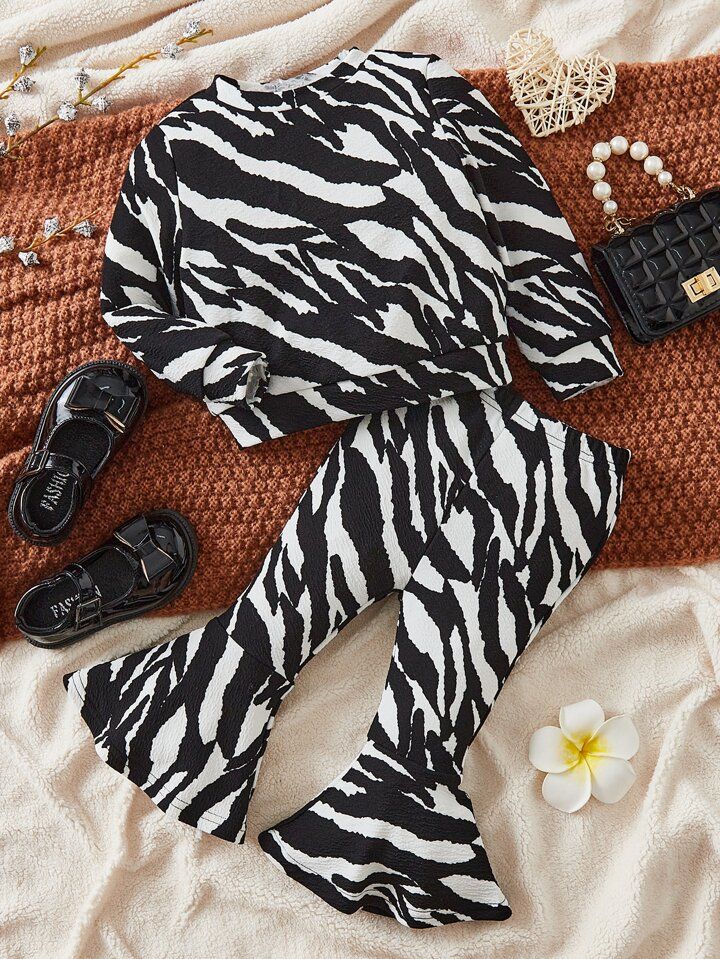 SHEIN Baby Girl Zebra Striped Print Sweatshirt & Flare Leg Pants | SHEIN