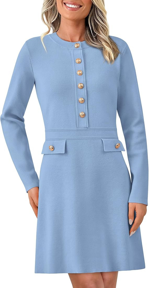 BTFBM Women Fall Dresses 2024 Casual Long Sleeve Bodycon Sweater Dress Decorative Button Formal M... | Amazon (US)