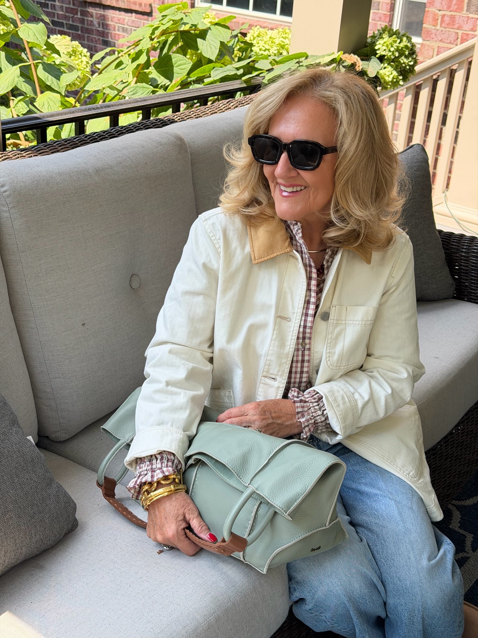 Barn jacket medium 
Plaid blouse medium 
Jeans 29 found on sale
Check out this silk scarf that I found it’s beautiful and worth the weight
My bag comes in this large size, but also in a medium size

#LTKootd #LTKOver40 #LTKPetite