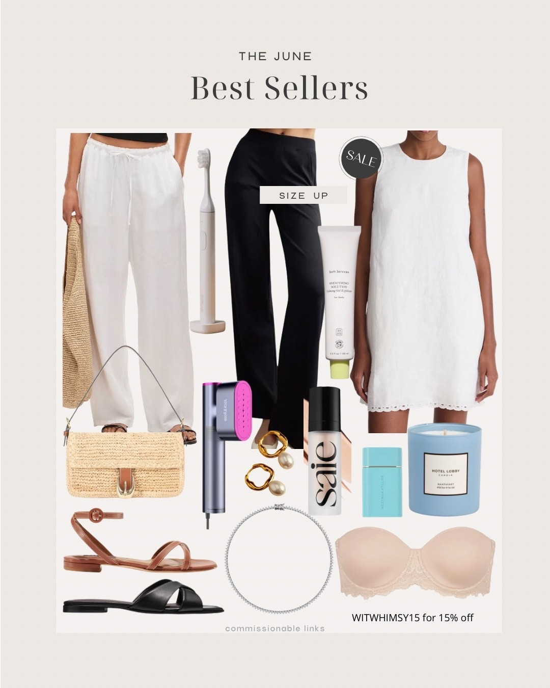 This month’s top sellers! The June bestsellers. 
Linen pants
Linen shift dress
Raffia shoulder bag
Strapless bra
Nantucket candle (smells amazing!!)
Summer sandals
Knit pants for travel
Summer makeup for glow
Tennis necklace
Travel steamer
Electric toothbrush (love mine for travel!)
Smoothing gel to help with KP

#LTKSeasonal #LTKOver40 #LTKSaleAlert