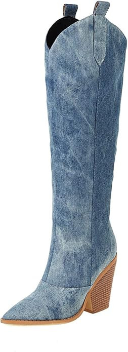 Womens Denim Knee High Boots - Fashion Casual Pointed Toe Chunky Heel Slip on High Boots Fall Sol... | Amazon (US)