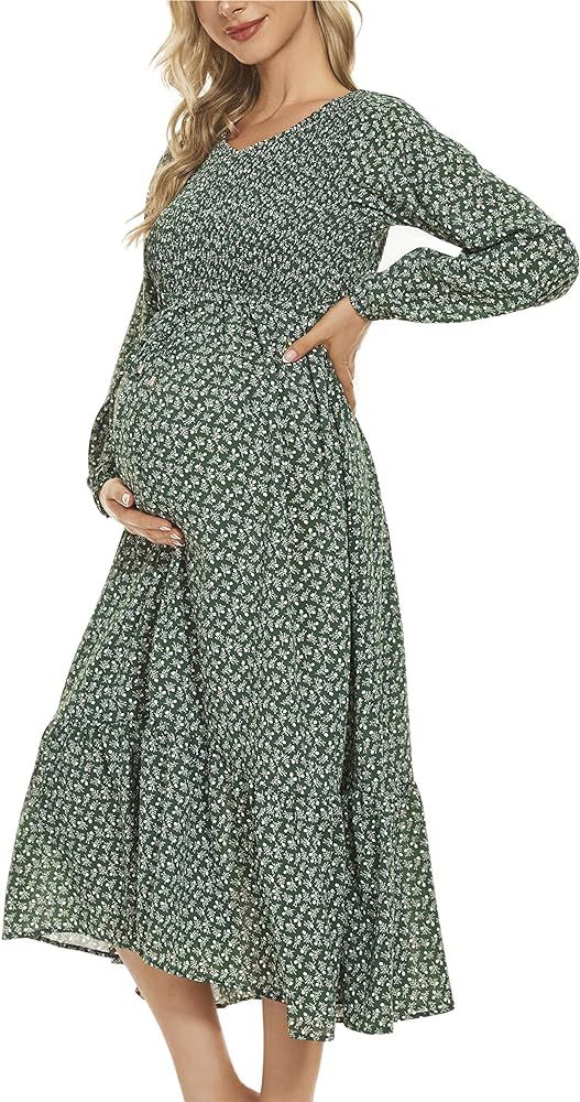 guruixu V Neck Floral Maternity Dress for Photoshoot Baby Shower, Flutter Sleeve Fall Boho Causal... | Amazon (US)
