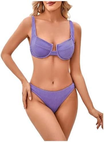 SweatyRocks Women's 2 Piece Bikini Set Striped Print Spaghetti Strap Push Up Swimsuit | Amazon (US)