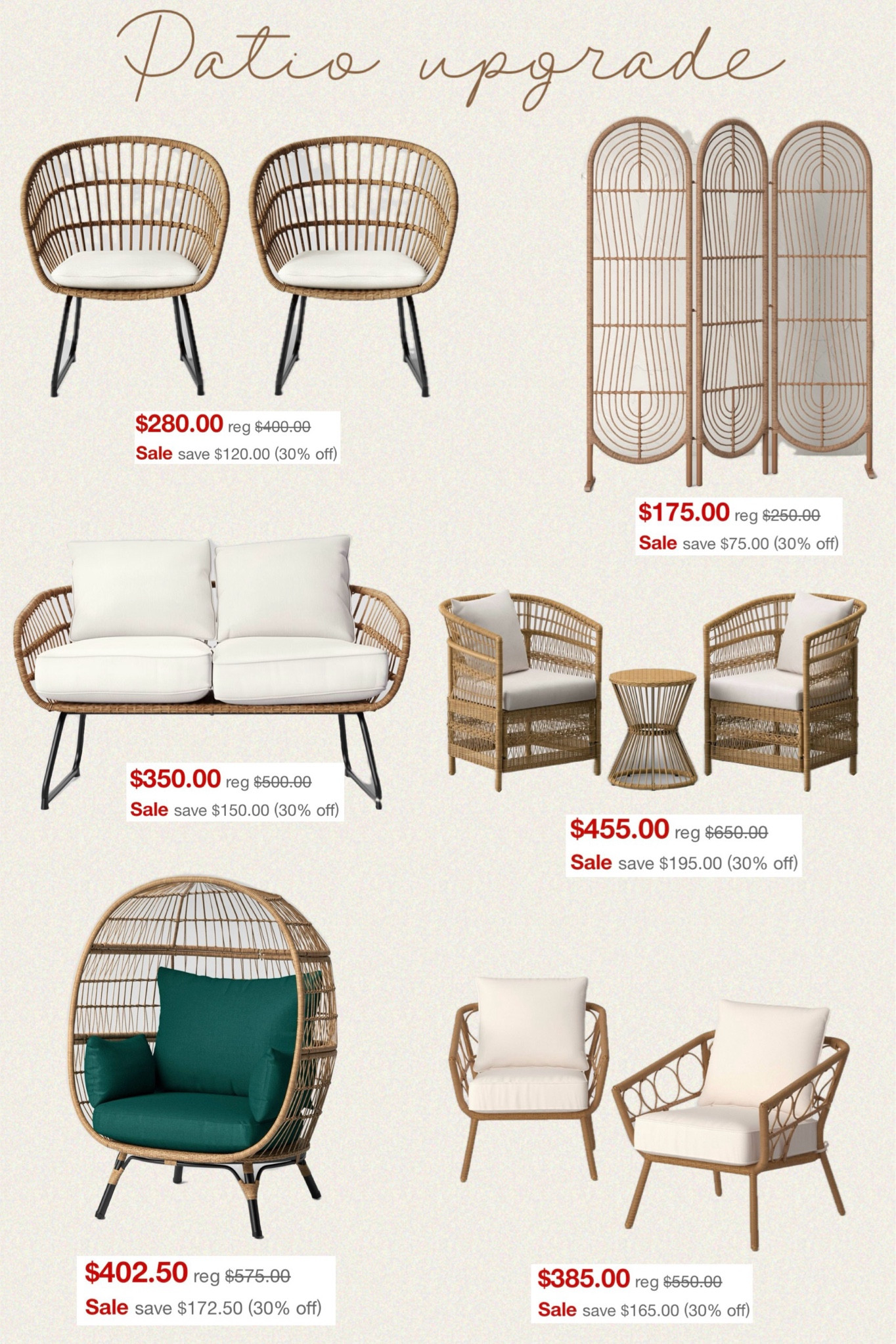 Upgrade your patio ! Deals of the day.

2pc Southport Outdoor Patio Dining Chairs with Metal Legs Arm Chairs - Threshold / 2pc Britanna Outdoor Patio Chairs, Club Chairs Natural - Threshold / Southport Steel Outdoor Patio Chair, Egg Chairs Linen/Black - Threshold / 3pc Mulberry Steel Frame Faux Rattan Outdoor Patio Small Space Chat Furniture Set Natural - Threshold / Southport Outdoor Patio Loveseat - Threshold / Three Panel Decorative Patio Screen - Opalhouse™ designed with Jungalow / Latigo Outdoor Patio Sectional Sofa Gray/Brown/Linen - Threshold / Modern 3-Panel Patio Decorative Screen Black - Threshold /
Target patio. Outdoor furniture.

#target #treshold #patio #furniture #outdoor #polacek 

#LTKhome #LTKsalealert #LTKfamily