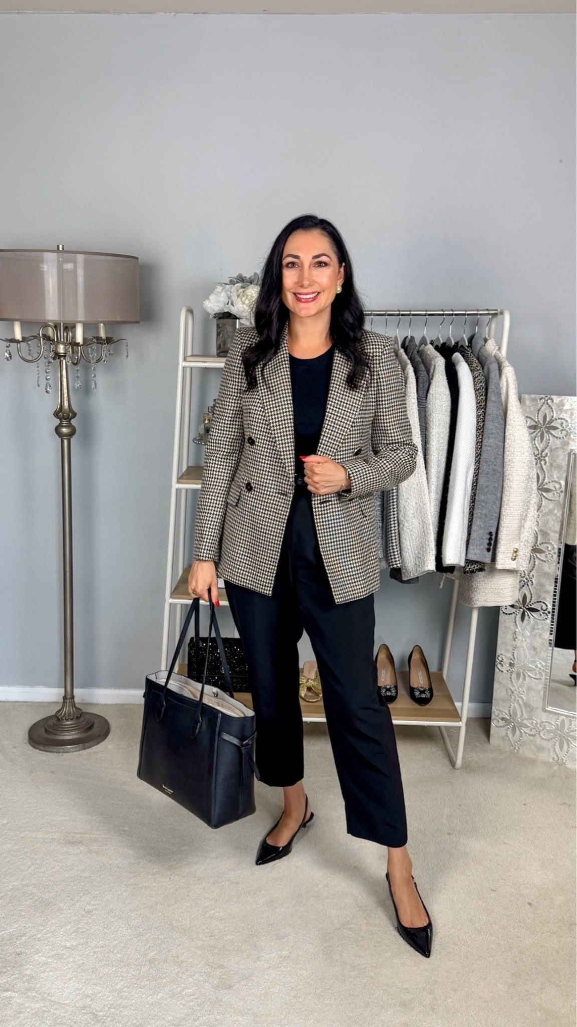 Classic business professional work outfit 🖤

Plaid blazer size 4, fits but if want to button it need to size up 
Black sweater shell size xs, can size down 
Black pants size 4, fit slightly big 
Black sling back heels size 7, TTS

Work wear 
Interview outfit 
Office outfit 
Nordstrom anniversary sale 
NSALE

#LTKWorkwear #LTKSaleAlert #LTKSeasonal