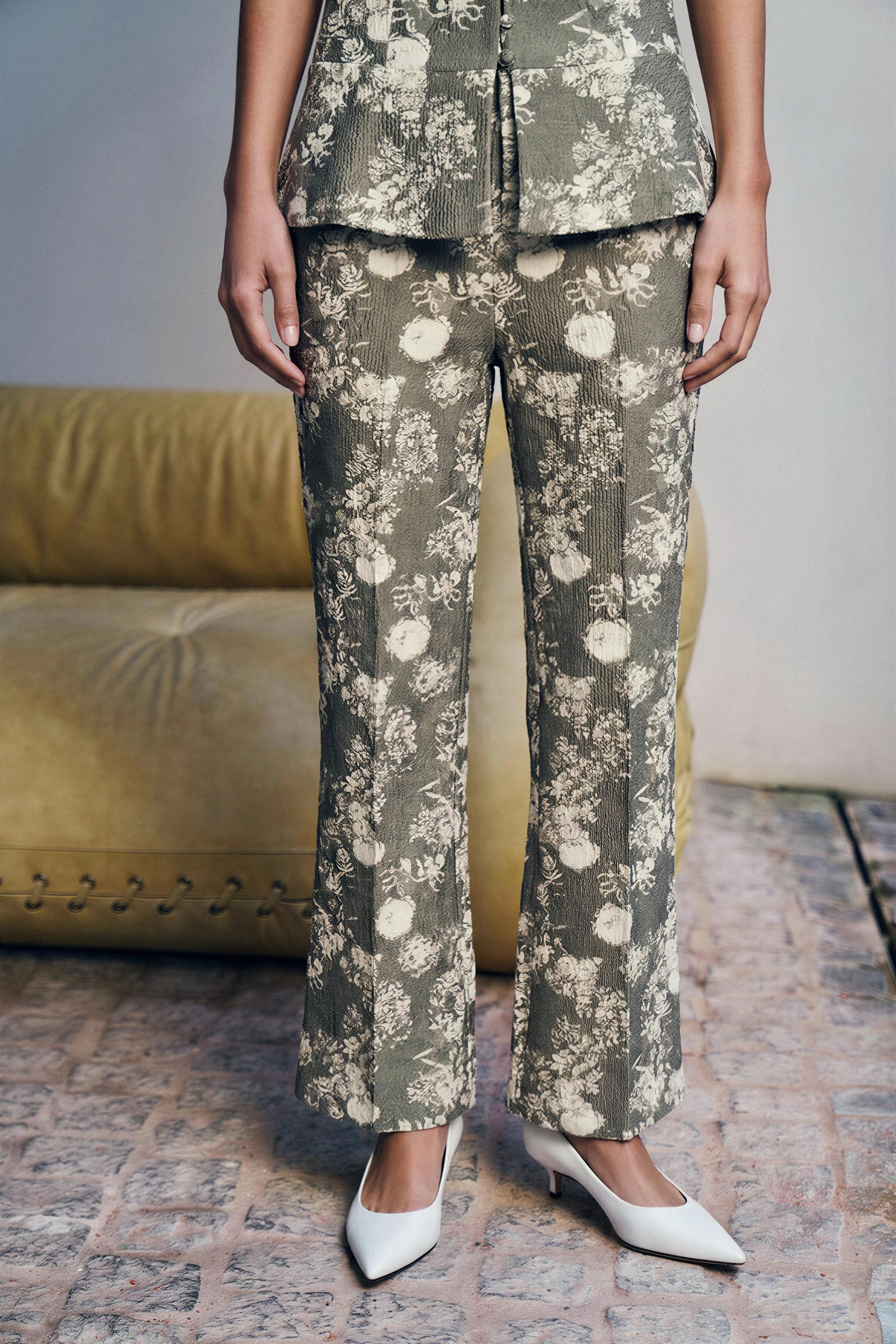 Zara - Jacquard Flare Pants - Taupe Gray - S - Woman | Zara Canada