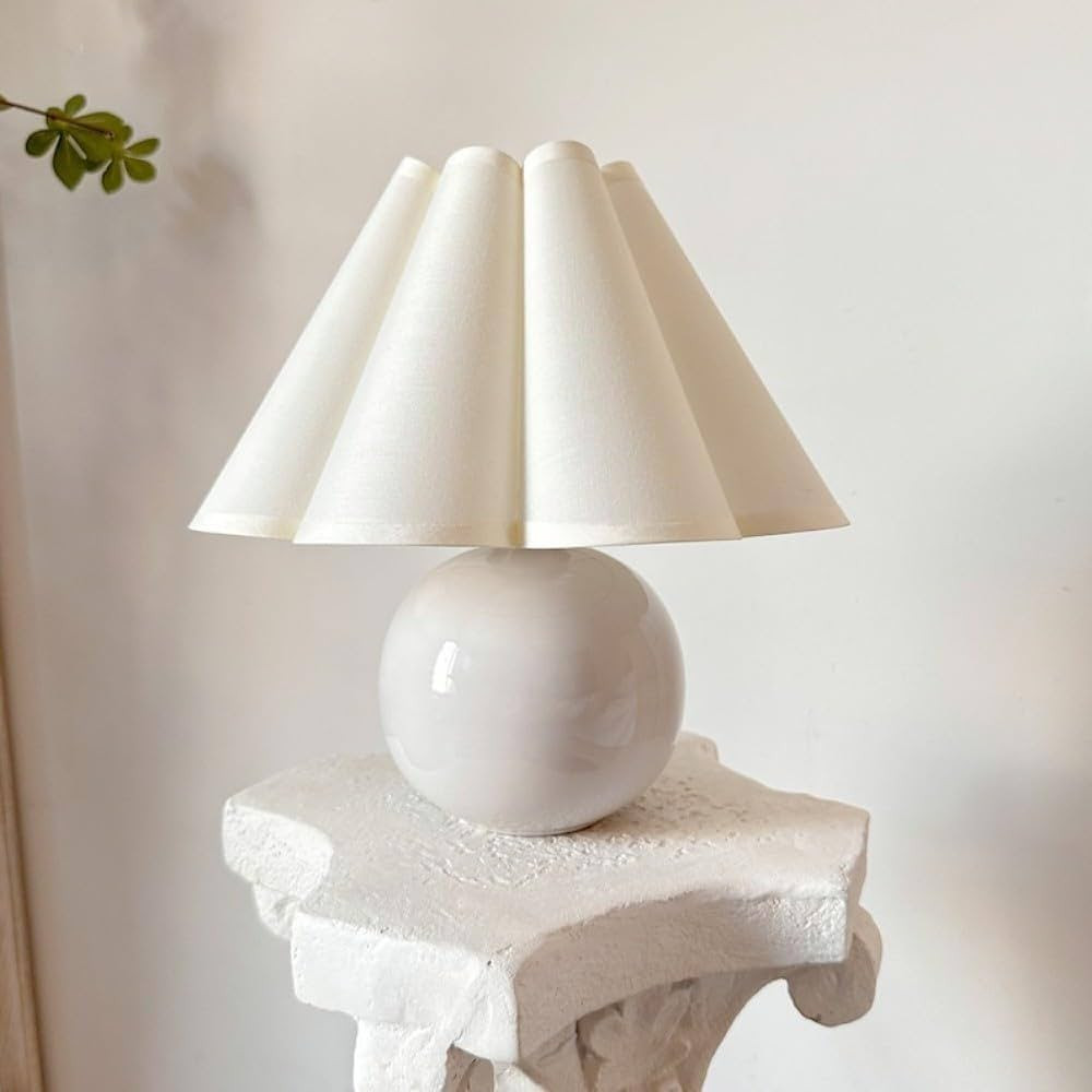 Handmade White Ceramic Table Lamp with Fabric Cream Pleated Petal Shade, 11" Nightstand Lamps, Ru... | Amazon (US)