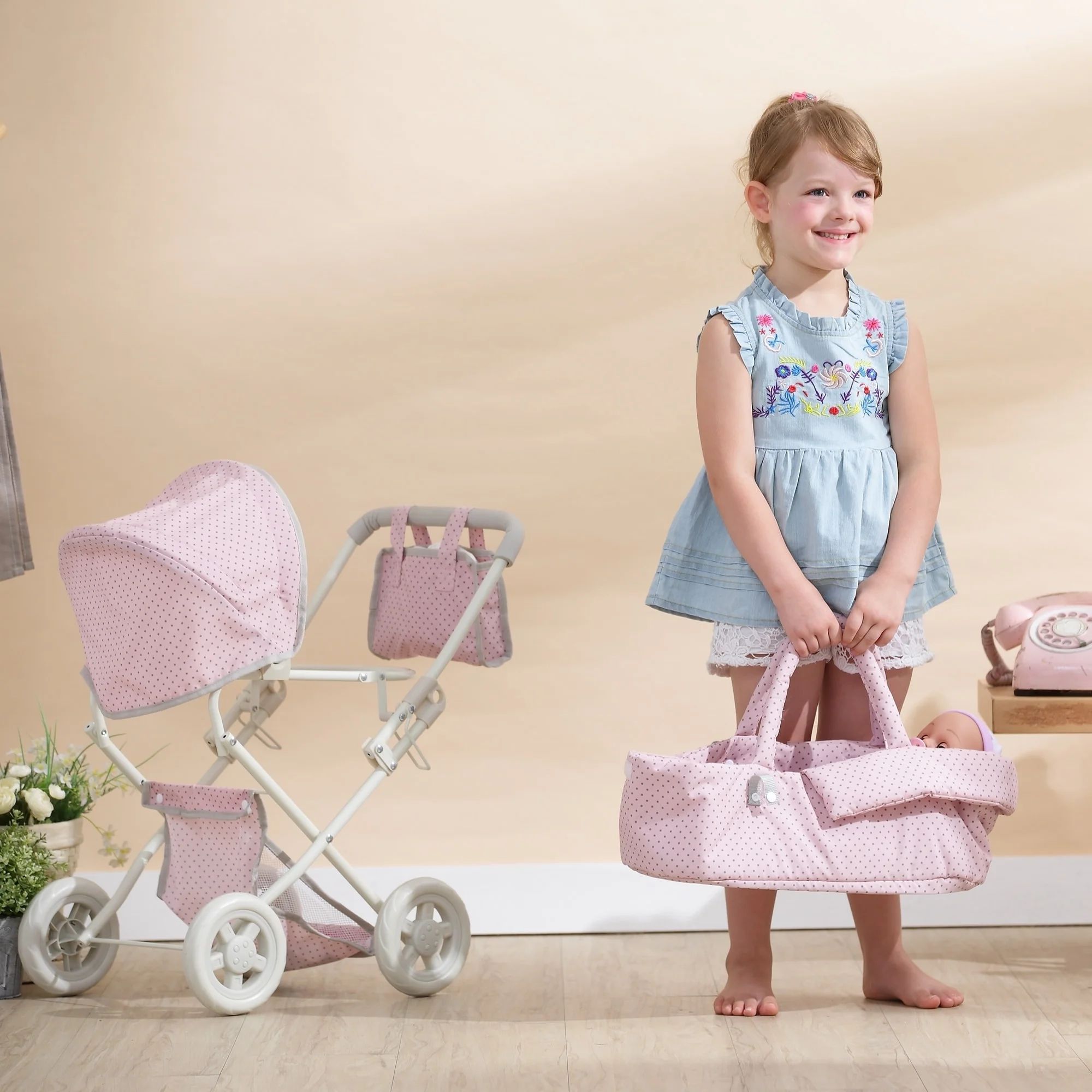 Olivia's Little World - Polka Dots Princess Baby Doll Deluxe Stroller - Pink & Grey | Walmart (US)