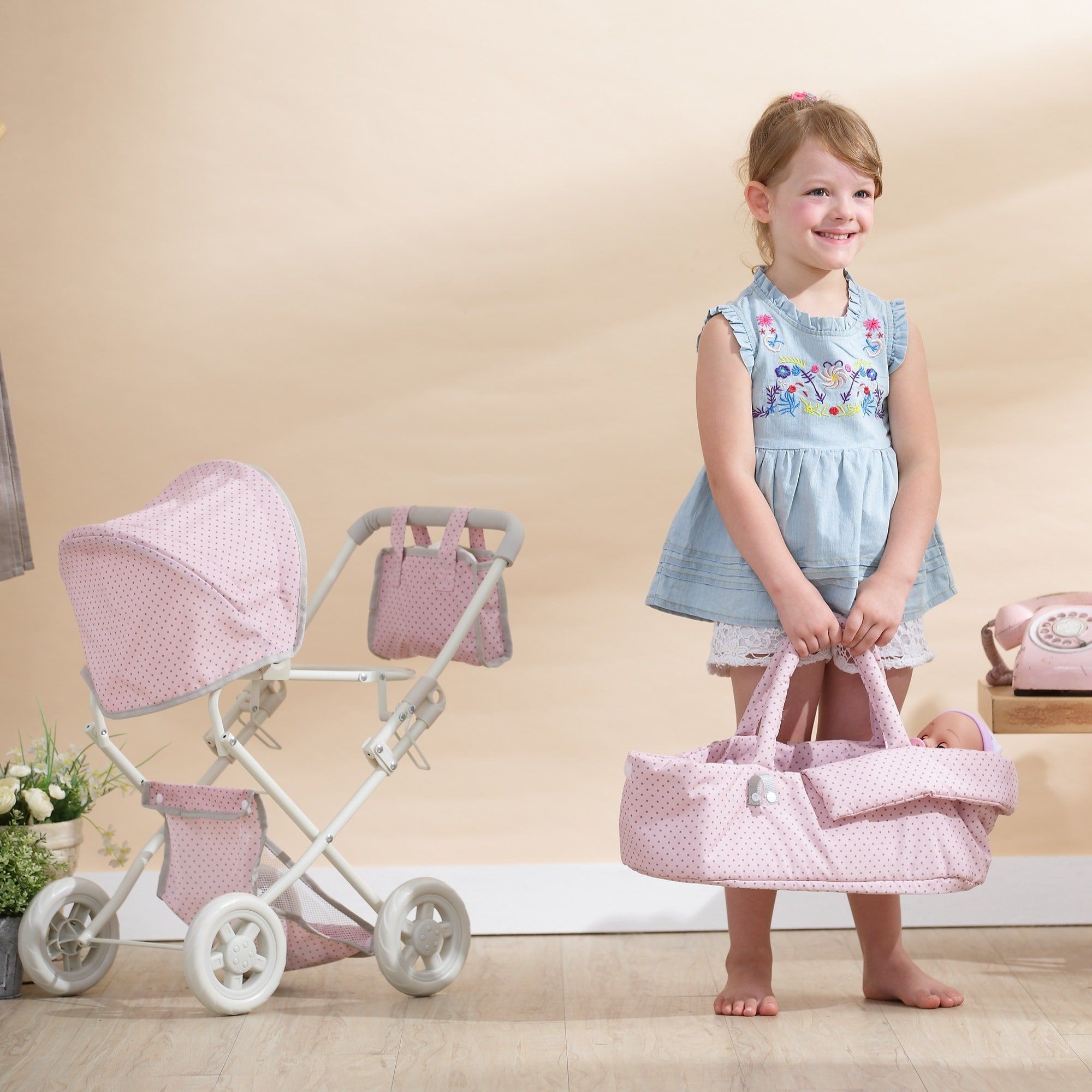 Olivia's Little World - Polka Dots Princess Baby Doll Deluxe Stroller - Pink & Grey | Walmart (US)