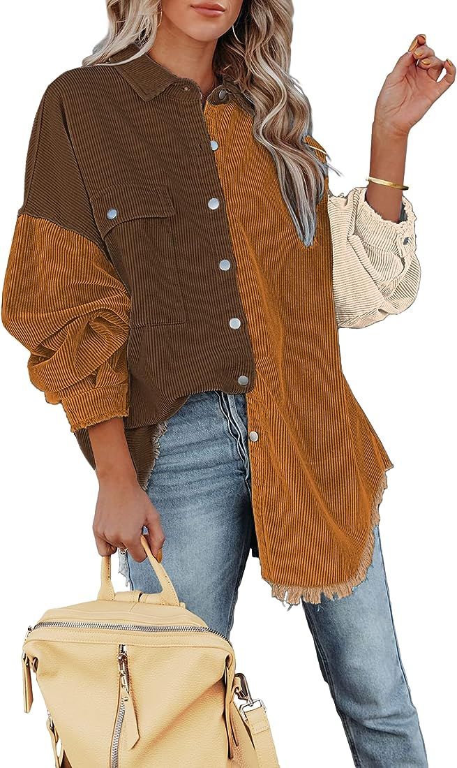 luvamia Womens Shacket Jacket Oversized Corduroy Button Down Shirt Long Sleeve Tops | Amazon (US)