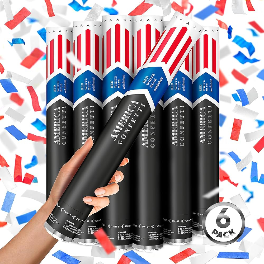16" America Confetti Cannons | Red White & Blue Confetti Poppers [6 Pack] Biodegradable Paper, Pa... | Amazon (US)
