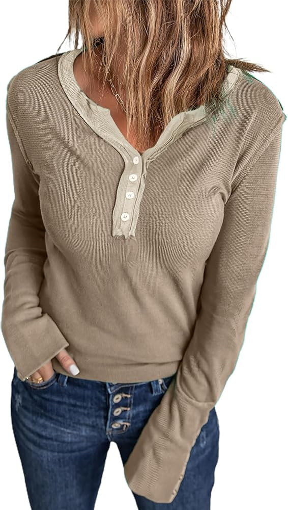 Acelitt Womens Casual Fall Long Sleeve Waffle Knit Henley Shirt Button Down V Neck Tunic Tops Blo... | Amazon (US)