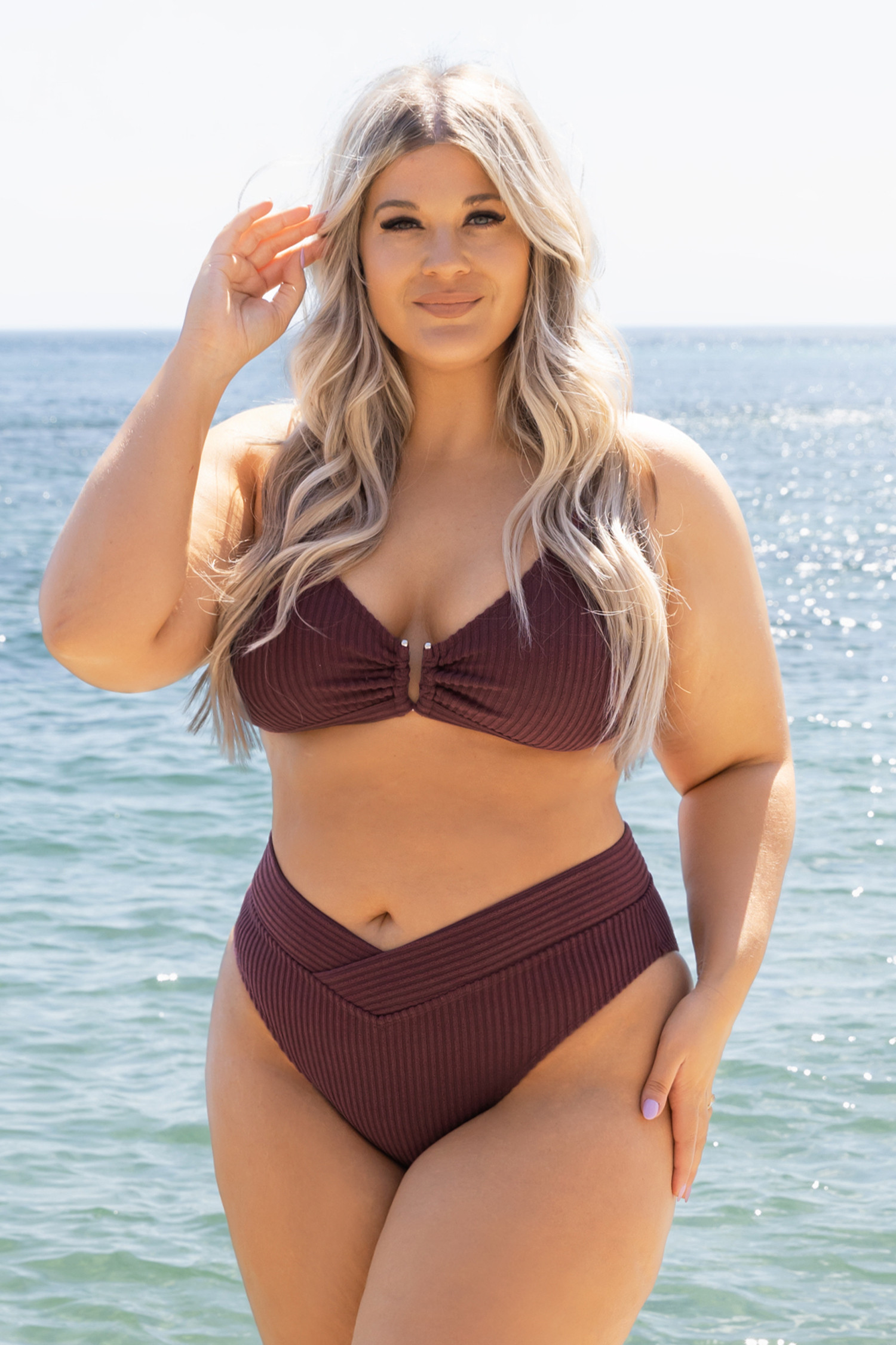 Downy Rib V-Wire Bralette & V-Front High Waist Cheeky Bikini Set | Cupshe US