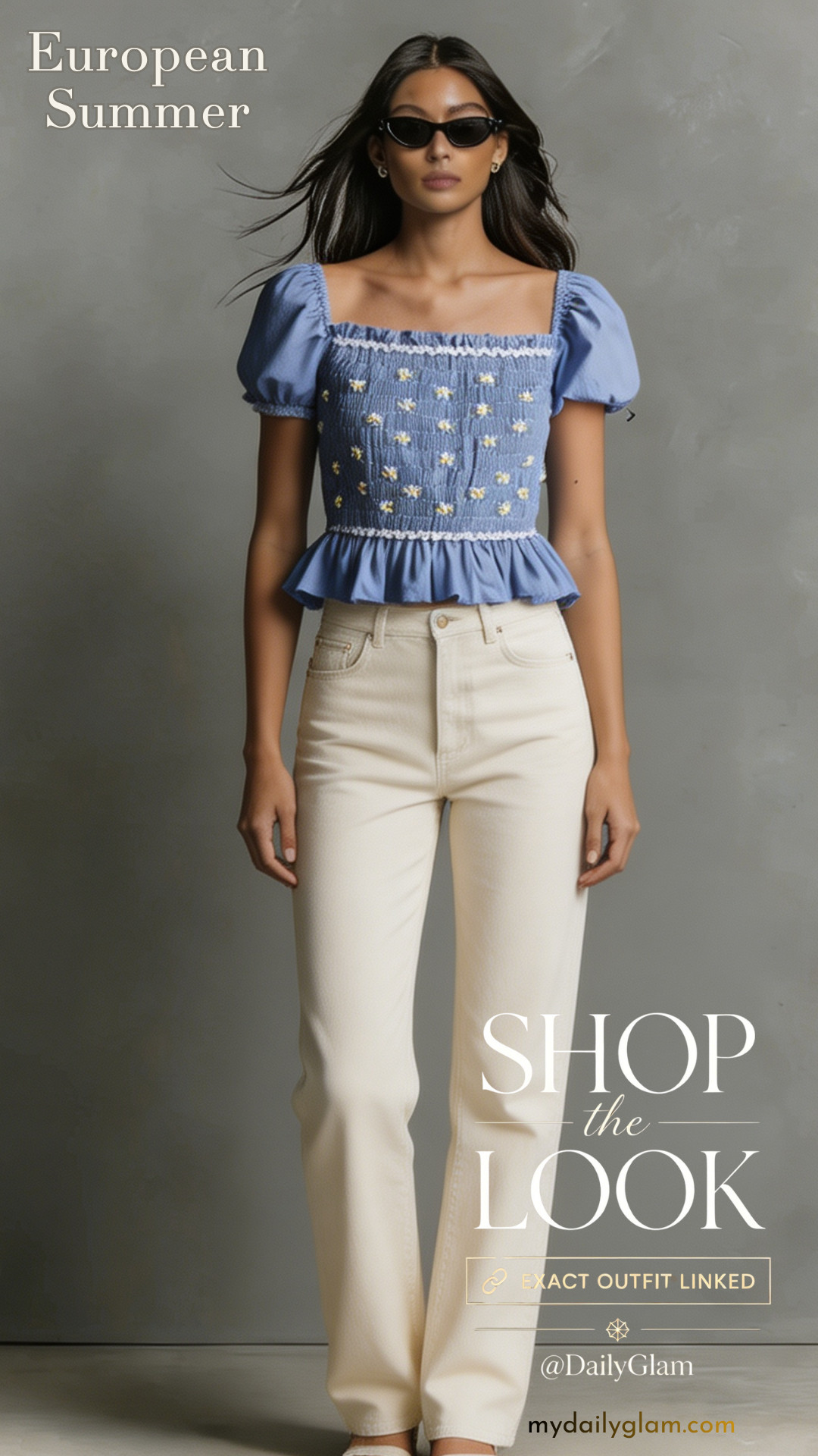 Sweet Puff Sleeve Daisy Embroidered Crop Top Neutral Denim Pants Casual Look

#DaisyEmbroidery #PeplumCropTop #PastelSummerOutfit 

 #LTKootd #LTKOver40 #LTKWorkwear