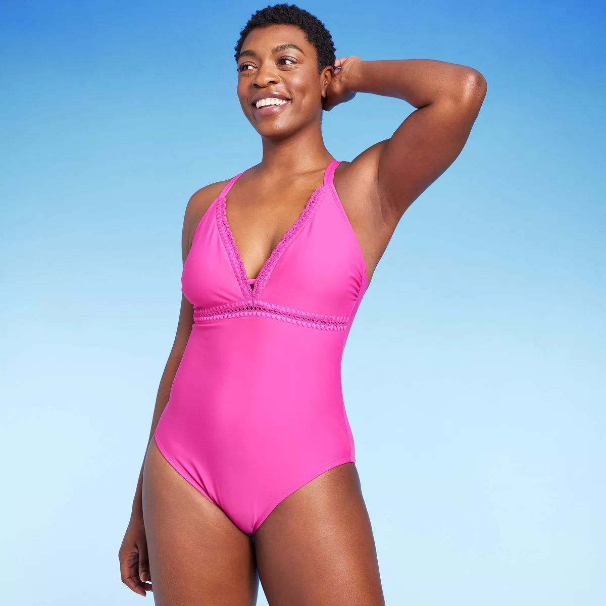 Women's Crochet Shell Stitch Medium Coverage One Piece Swimsuit - Kona Sol™ Pink XL | Target