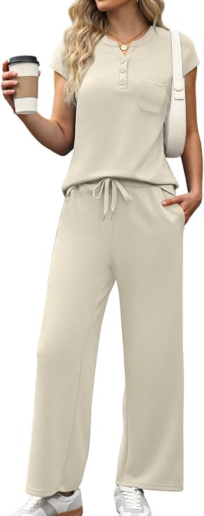 Casly Lamiit Women's 2 Piece Sets 2026 Casual Travel Outfits Airport Cap Sleeve V Neck Top Crop P... | Amazon (US)