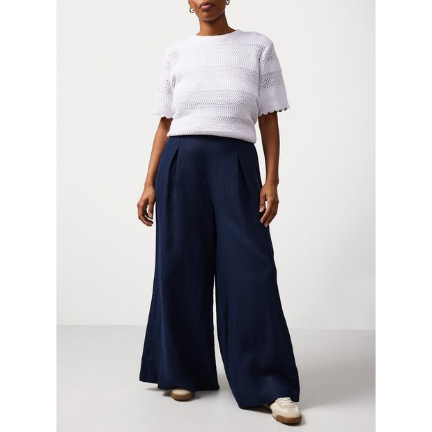 Navy Pure Linen Palazzo Trousers 16R | Tu Clothing