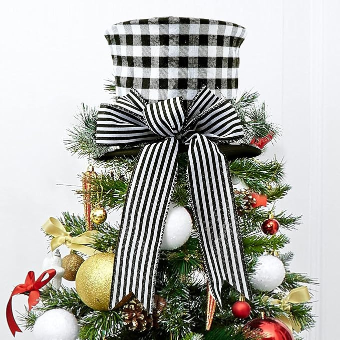 Gejoy Christmas Tree Topper Hat Black and White Buffalo Plaid Christmas Tree Decoration Christmas... | Amazon (US)