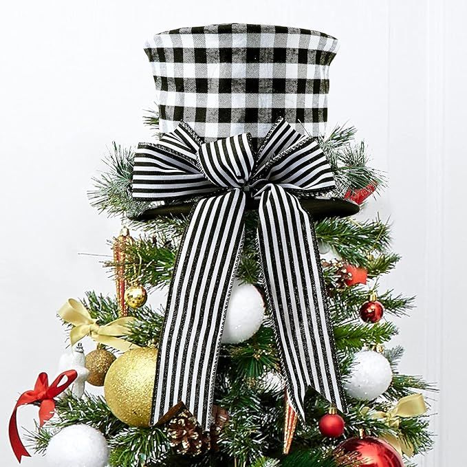 Gejoy Christmas Tree Topper Hat Black and White Buffalo Plaid Christmas Tree Decoration Christmas... | Amazon (US)