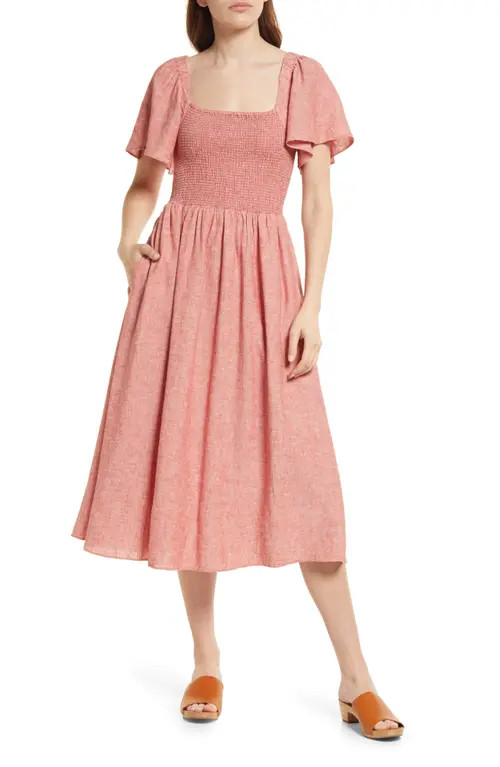 Madewell Lucie Linen Blend Smocked Midi Dress in Fresh Chili at Nordstrom, Size Large | Nordstrom