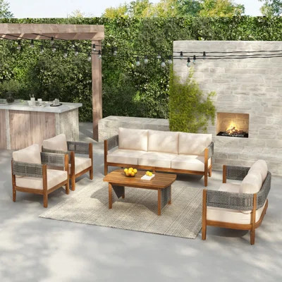 Raniel Outdoor 5-Piece Acacia Wood Conversation Set With Woven Rope & Cushions | Wayfair North America