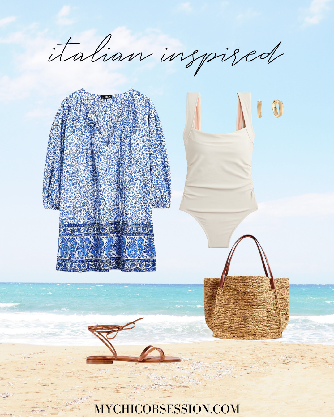 Let your dream Italian summer inspire your next summer outfit. Pair a classic white one-piece suit with a breezy blue and white patterned dress. Then, accessorize with straw and leather details like a pair of strappy sandals and gold hoop earrings. 

 #LTKSeasonal #LTKStyleTip #LTKShoeCrush