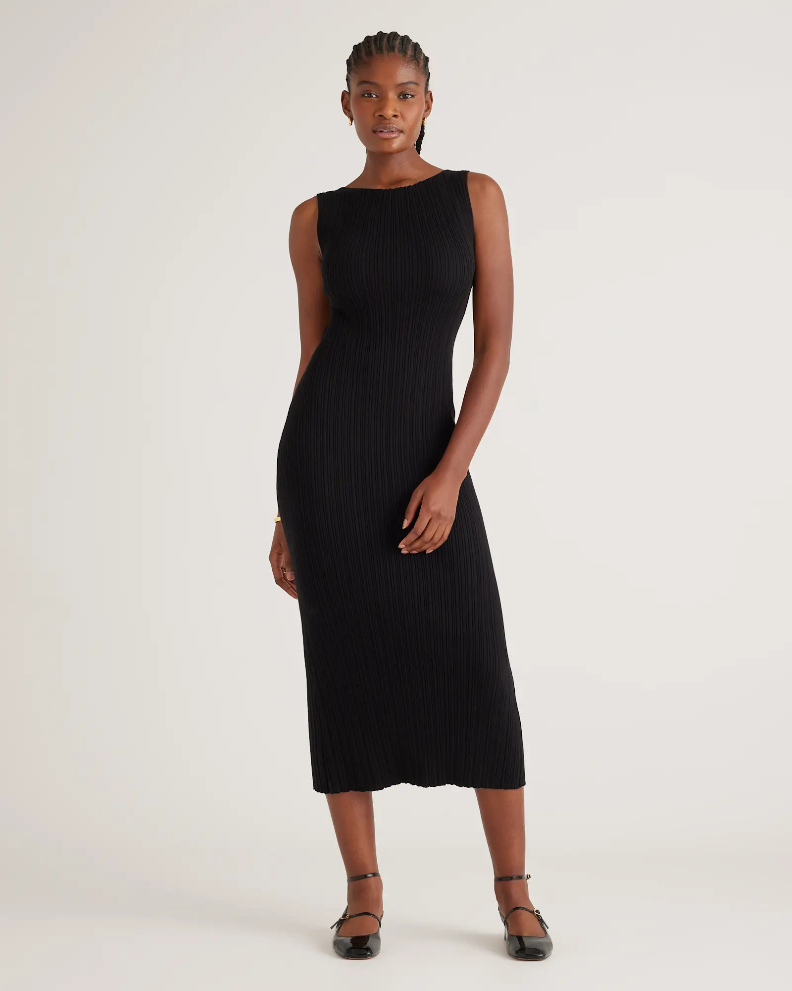 Cotton Cashmere Ribbed Sleeveless Midi Dress in Black | Quince