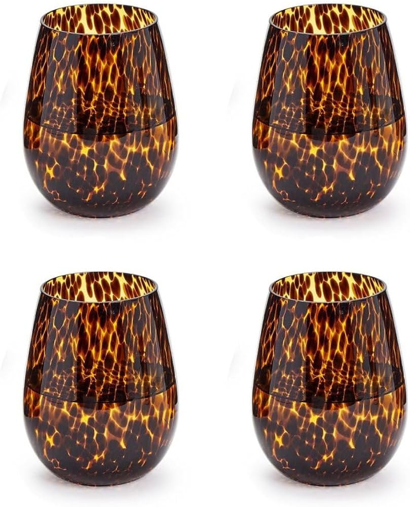 Two's Company Set of 4 Tortoise Print Stemless Wine Glass (16 oz., hand wash only) - Glass | Amazon (US)