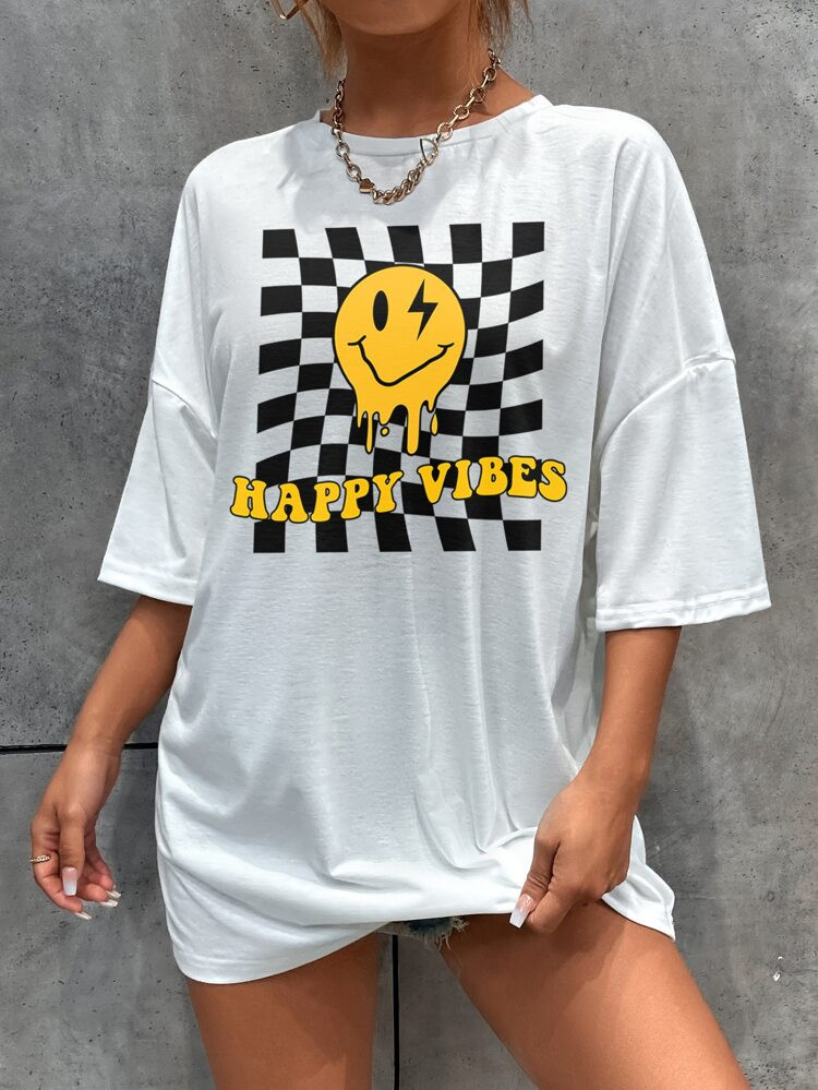 Letter & Expression Print Drop Shoulder Tee | SHEIN