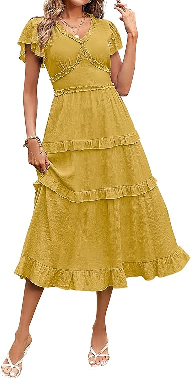 MEROKEETY Womens 2023 Summer Casual V Neck Flutter Sleeve High Waist Ruffle Tiered Midi Dress | Amazon (US)