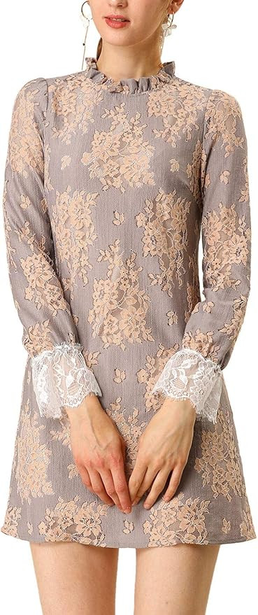 Allegra K Women's Cocktail Elegant Ruffle Crew Neck Floral Lace Shift Dress | Amazon (US)