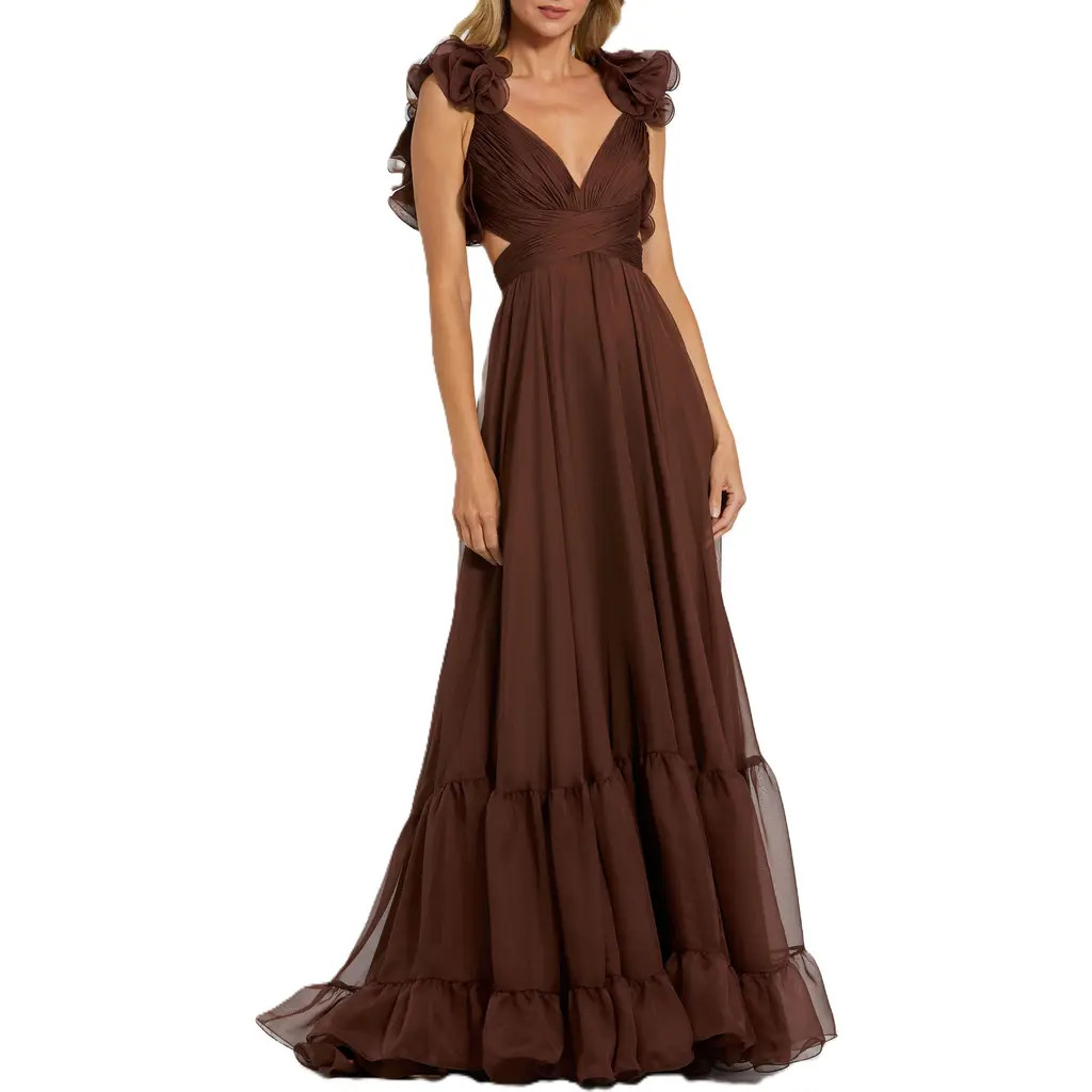 Mac Duggal Sleeveless Ruffle Tiered Cut-Out Chiffon Gown in Chocolate at Nordstrom, Size 4 | Nordstrom