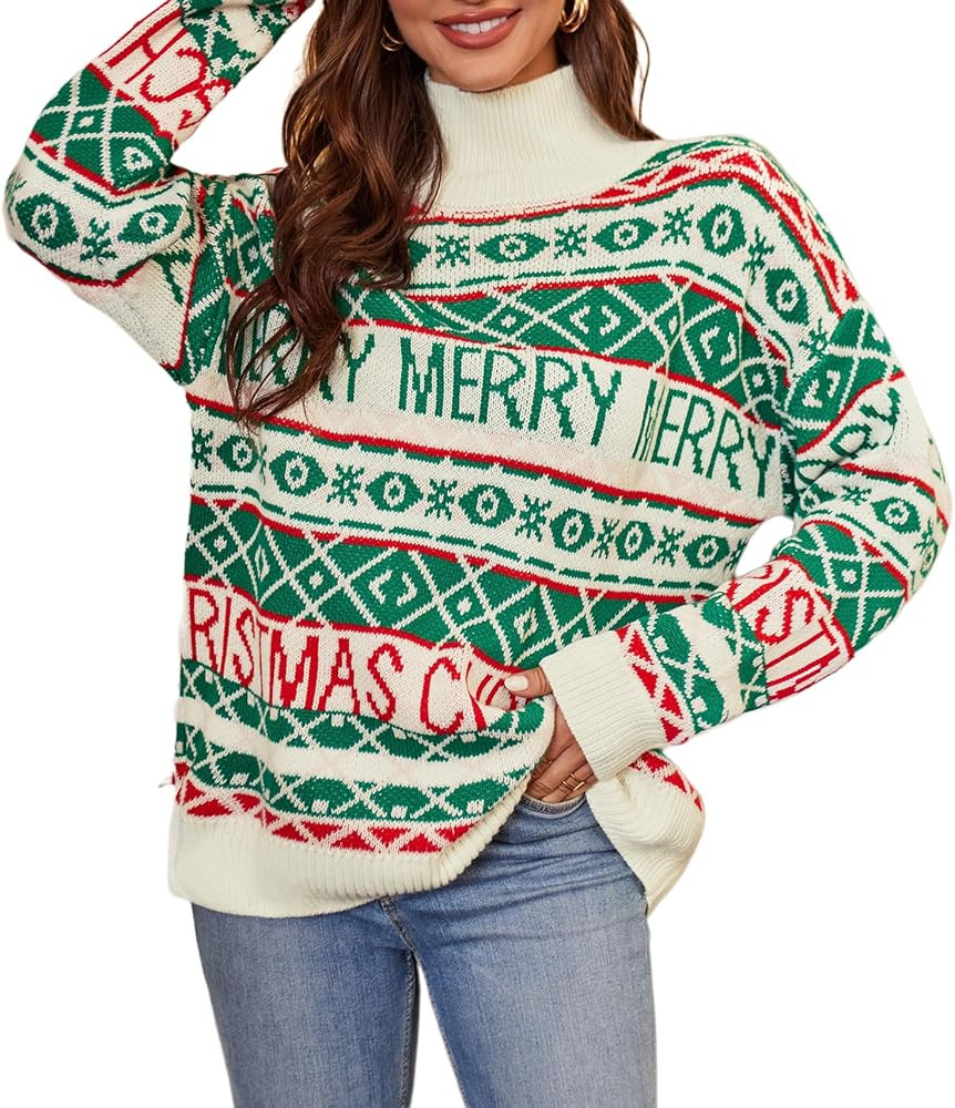 ZAFUL Women's Christmas Snowflake Reindeer Knitted Sweater Long Sleeve Crew Neck Heart Animal Pri... | Amazon (US)