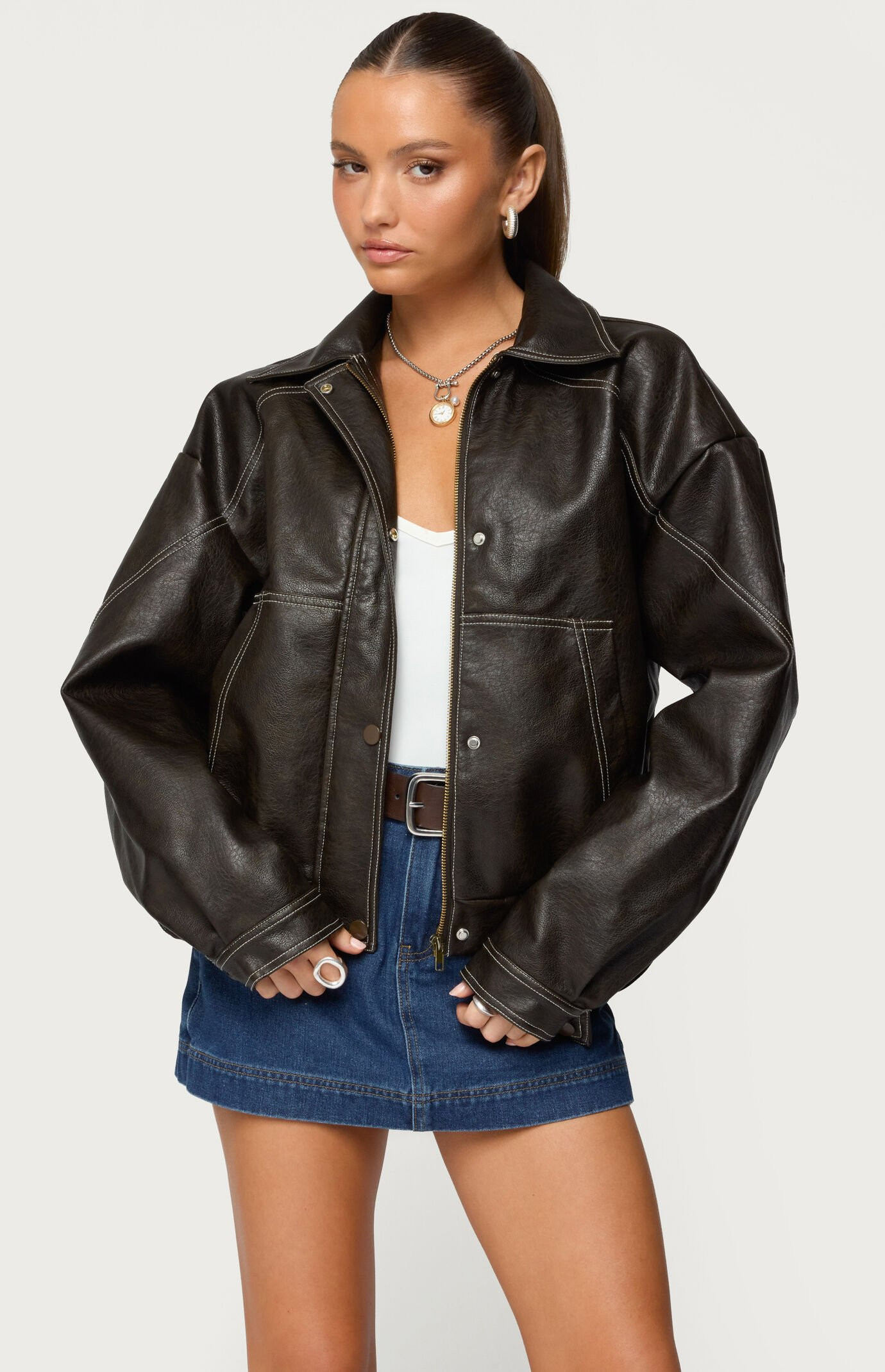 Edikted Women's Jaxson Oversized Faux Leather Bomber Jacket in Dark Brown - Size Small | PacSun