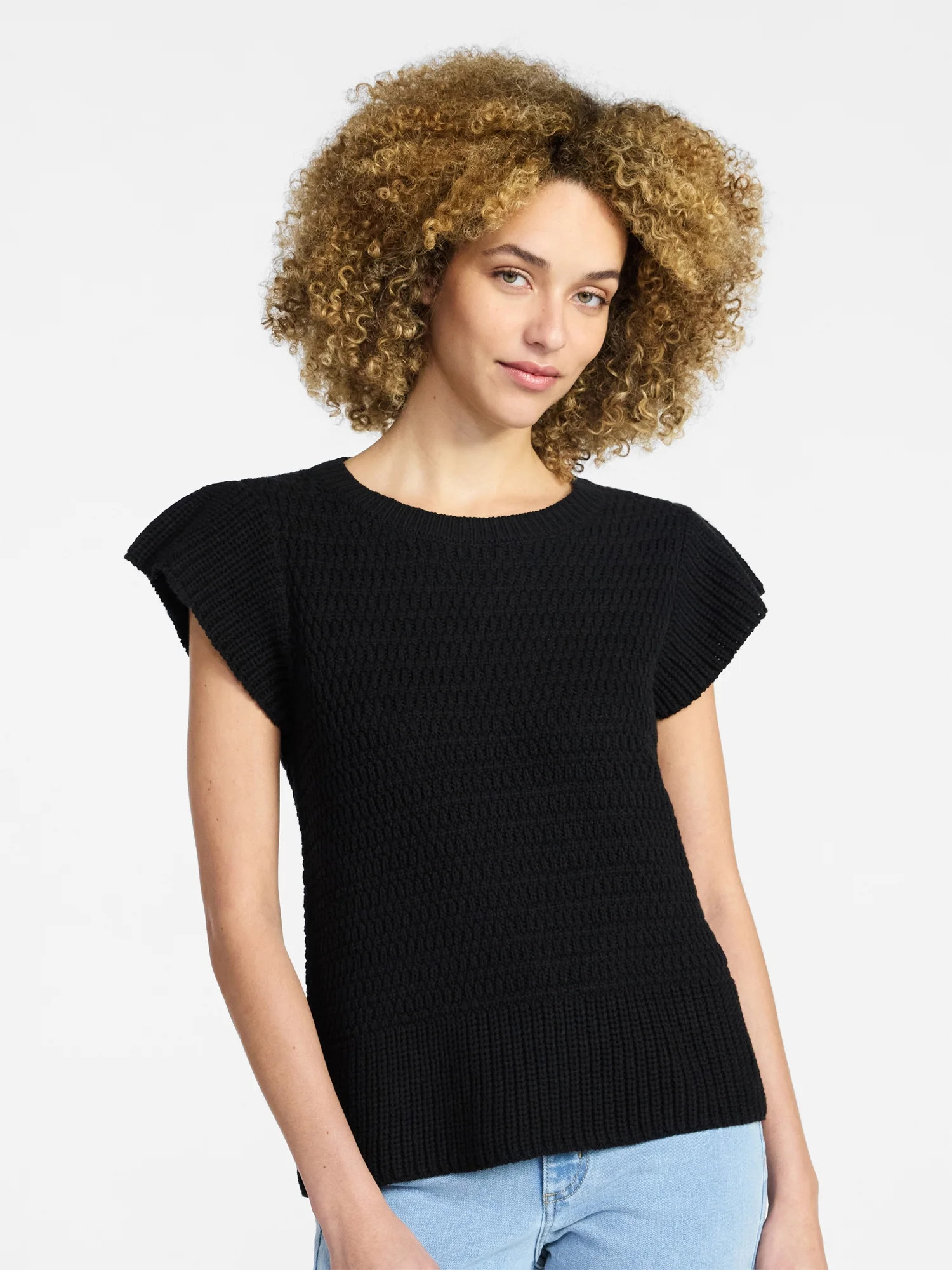 Time and Tru Women's Textured Sweater with Short Flutter Sleeves, Lightweight, Sizes XS-XXXL | Walmart (US)