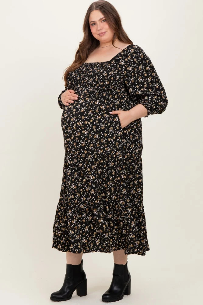 Black Floral Smocked Long Sleeve Maternity Plus Maxi Dress | PinkBlush Maternity
