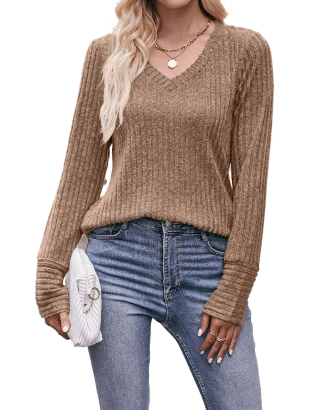 Lightweight Blouse For Women Solid V Neck Long Sleeve Fall Tops Fashion Ribbed Knit Shirts Cogild | Walmart (US)