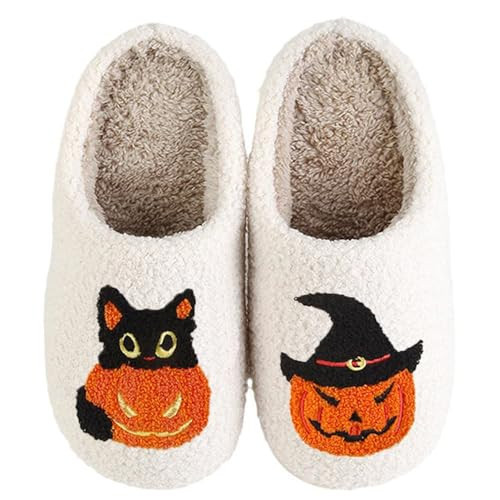QIPILON Halloween Slippers - Pumpkin Slippers for Women, Retro Cozy Fluffy Plush Slipper with Embroidered Pumpkin Hat, Memory Foam Insole, Size 43-44 | Amazon (US)