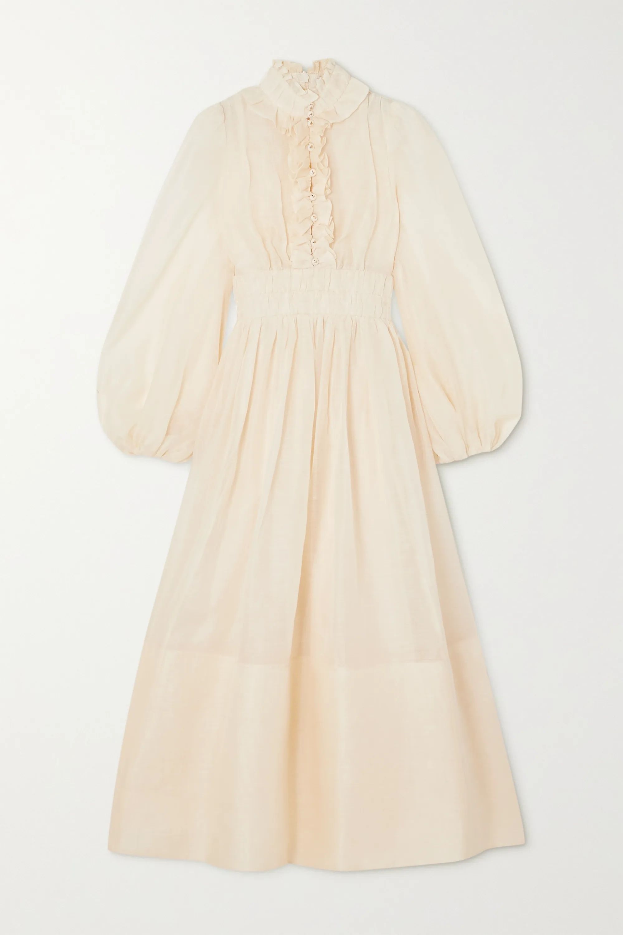 Cream Wild Botanica ruffled gathered linen and silk-blend gown | Zimmermann | NET-A-PORTER | NET-A-PORTER (US)