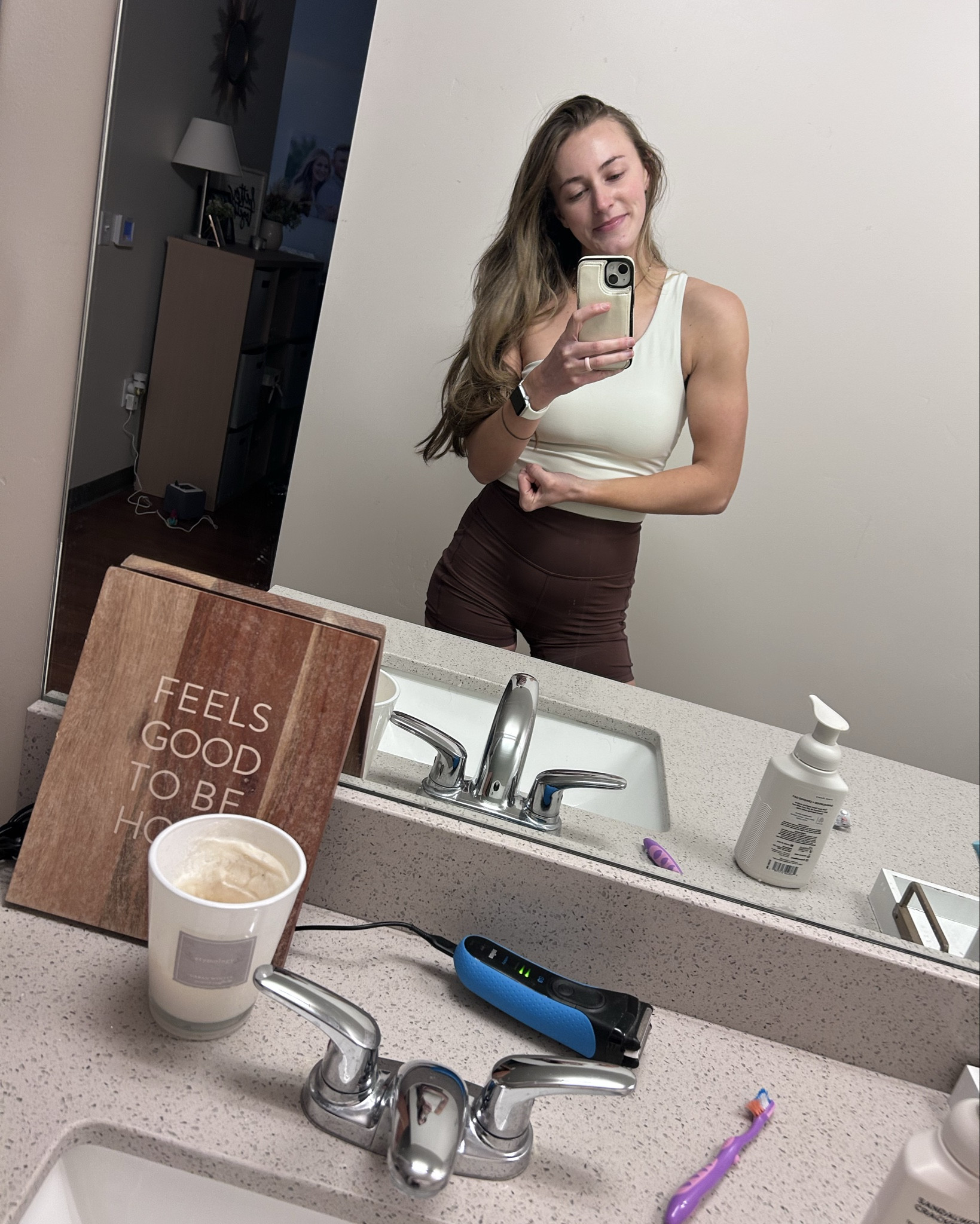 One shoulder top with a little more length if you like coverage! This brand is affordable lululemon and basically the only Amazon workout brand I’ll buy from 🙏🏻🙏🏻