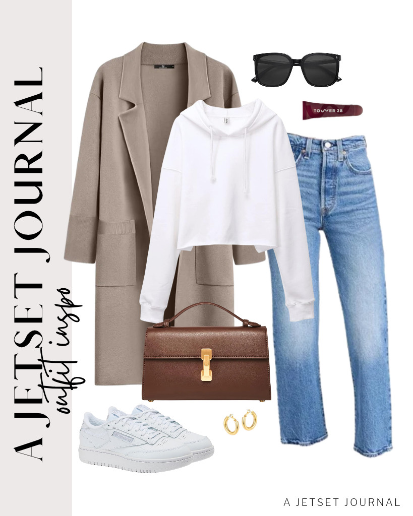 Start your first outfit with a white Amazhiyu cropped hoodie paired with Levi’s ribcage straight ankle jeans, then layer it with a light tan LILLUSORY long cardigan sweater. You can style this fit with Reebok platform tennis shoes and a GONGSOUND top-handle shoulder bag. Add these SOJOS sunnies, too! 

 #LTKSeasonal #LTKSaleAlert #LTKTravel
