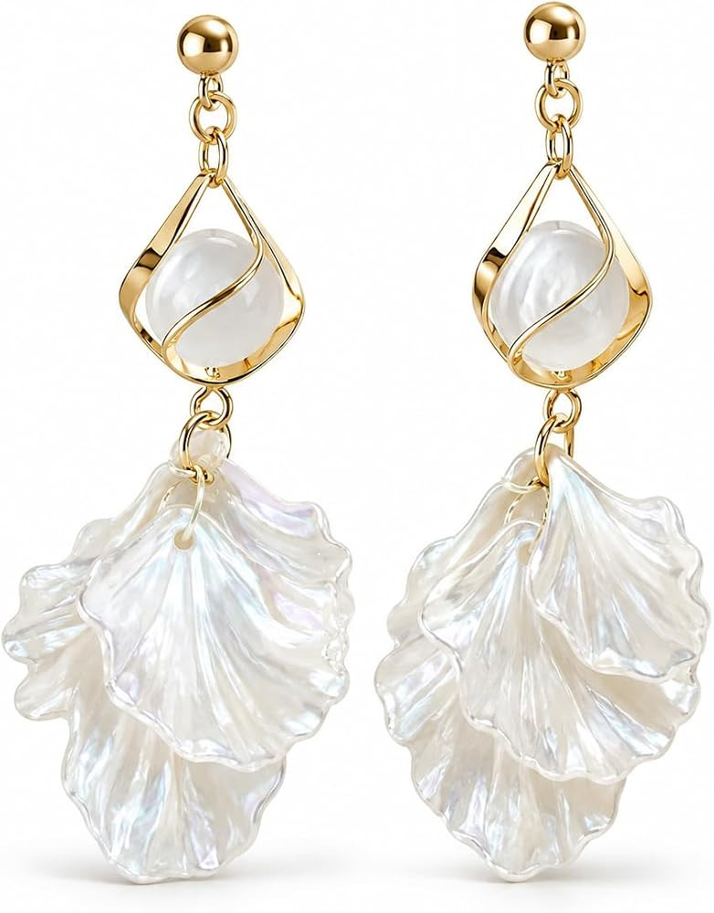 White Shell Petal Drop Earrings for Women, Gold Dangle Earrings with Iridescent Floral Charm, Boh... | Amazon (US)